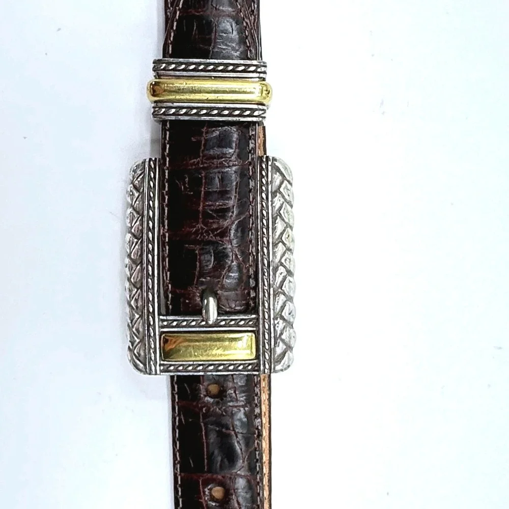 Brighton Womens Black Croc Embossed Leather Belt Silver Gold Western 44209 M 36